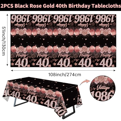 Uiorgui 2-Pack Black Rose Gold 40th Birthday Tablecloths