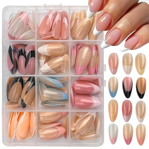 WUHCIM Style-20 French Tip Press-On Nails Set - Medium Almond Reusable Fake Nails with Color Tips