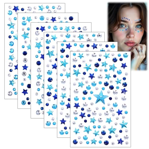 6 Blue Rhinestone Face Gems Stickers for Festival Makeup