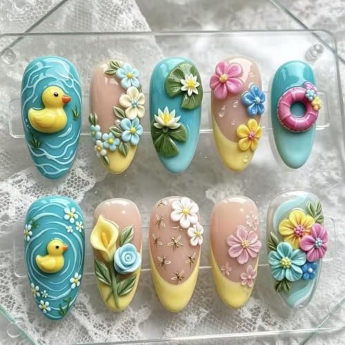 HJKDSFD Summer07 30Pcs Yellow French Tip Press-On Nails Medium Almond Glossy Fake Nails with Flowers