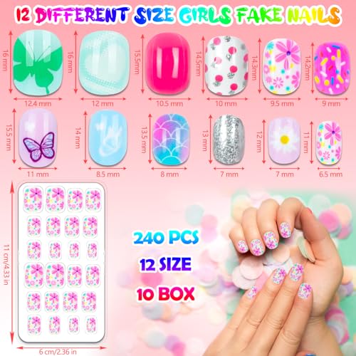 240 Pieces Dream Fake Nails for Kids - Pre-Glued Cartoon Design