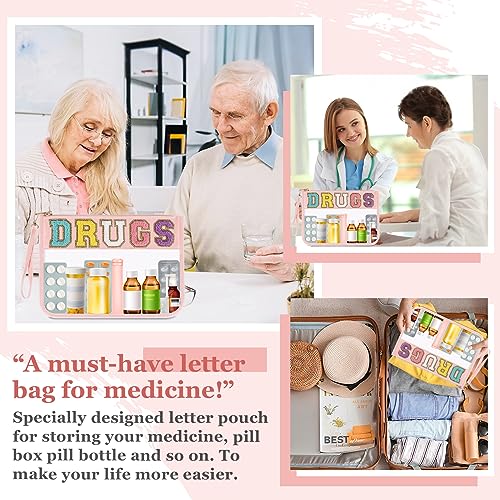 Izuzta A-DRUGS-Pink Chenille Letter Waterproof Makeup & Medicine Pouch with Wristlet
