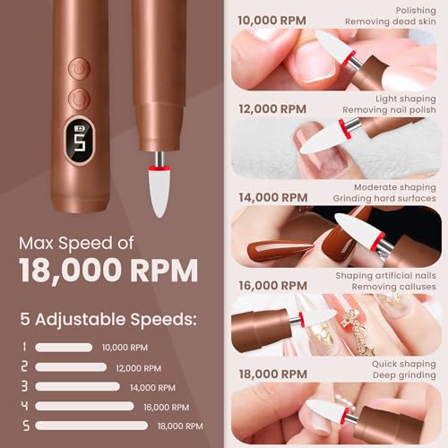 Kiaryuoll Cordless Nail Drill Kit with 5 Speeds, LED Light – Gold