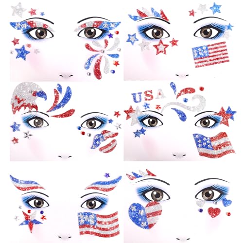 Yosca 6Pcs Independence Day Face Stickers - 4th of July Red White Blue Temporary Tattoos