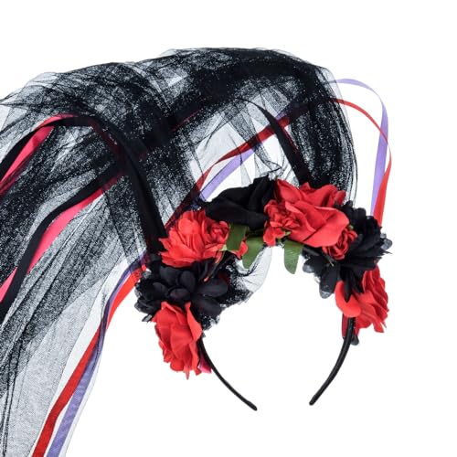 Day of The Dead Flower Headband with Red Black Veil Halloween Costume Accessory