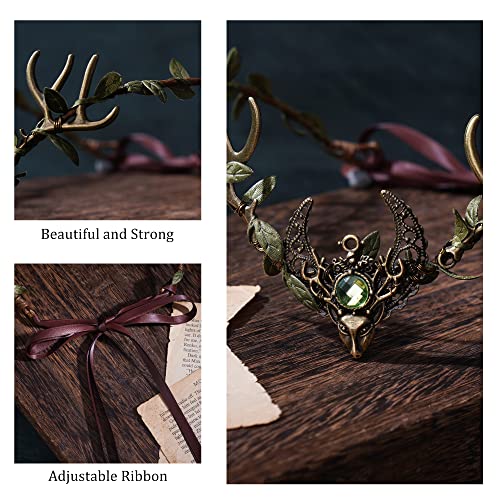 MOSTORY Green Handmade Fairy Antler Crown Elf Headpiece Woodland Leaf Tiara for Renaissance Festival Cosplay