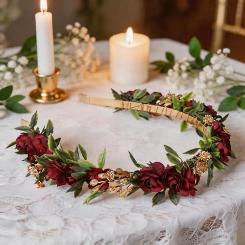 Red Rose Flower Headband - Artificial Fairy Elf Crown with Baby's Breath & Green Leaves