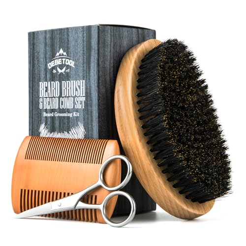 Men's Boar Bristle Beard Brush Set with Wooden Comb & Scissors - Travel Grooming Kit