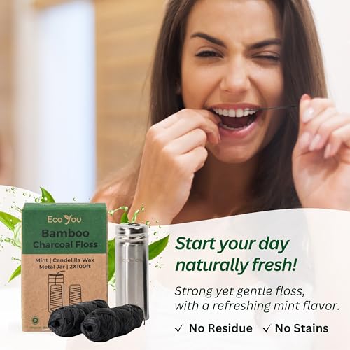EcoYou Charcoal Bamboo Dental Floss Refills - Natural Mint, Vegan Biodegradable, Reusable Metal Container
