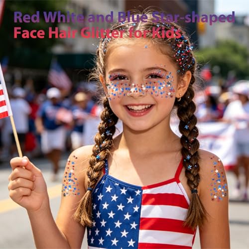 Mysense Red White and Blue Face Hair Body Glitter Stick with Star Sequins,4th of July Outfits for Women Kids,Patriotic USA Accessories for Independence Day Memorial Day 250 Anniversary