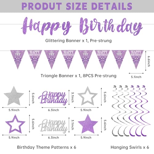 Purple Silver Birthday Decorations Kit for Girls & Women