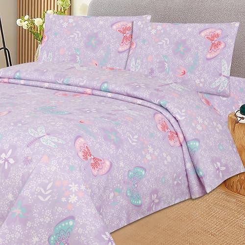 Kids Full Sheet Set - Butterfly Lavender Aqua Blue Pink - 4pc Luxury