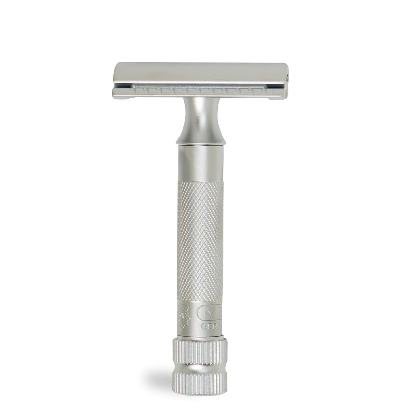 MERKUR 34C Double Edge Safety Razor - Matte Chrome | Heavy Duty Knurled Brass Handle | Made in Germany | Plastic-Free | Two Piece Design | Closed Comb | Straight Bar
