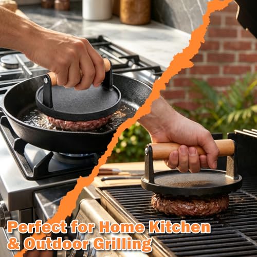 TACGEA Cast Iron Burger Press - 6.3” Heavy Duty Grill Tool