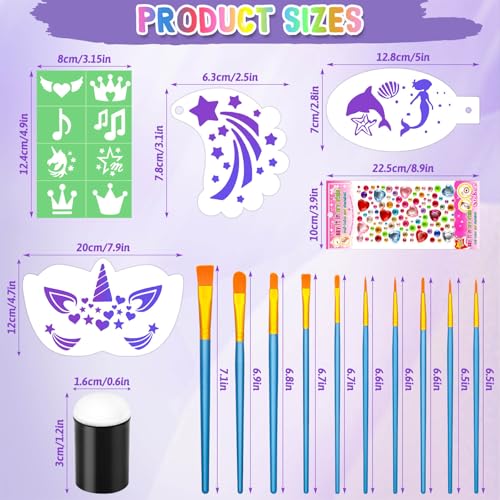 Face Paint Stencils Kit with Brushes & Gems for Halloween & Parties - 55PCS