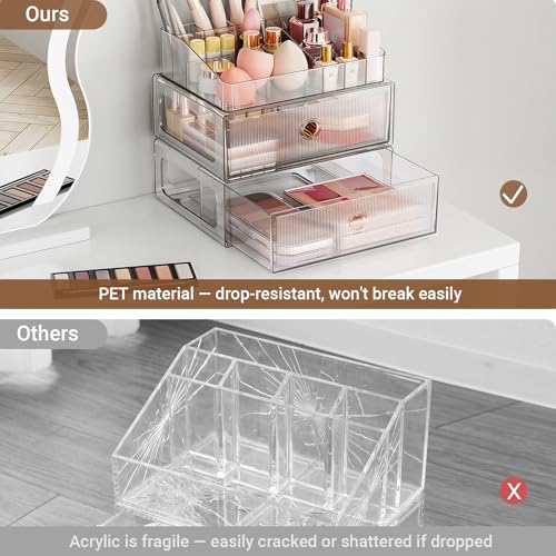HOMETUK 2-Tier Clear Makeup Organizer with Drawer for Vanity and Bathroom