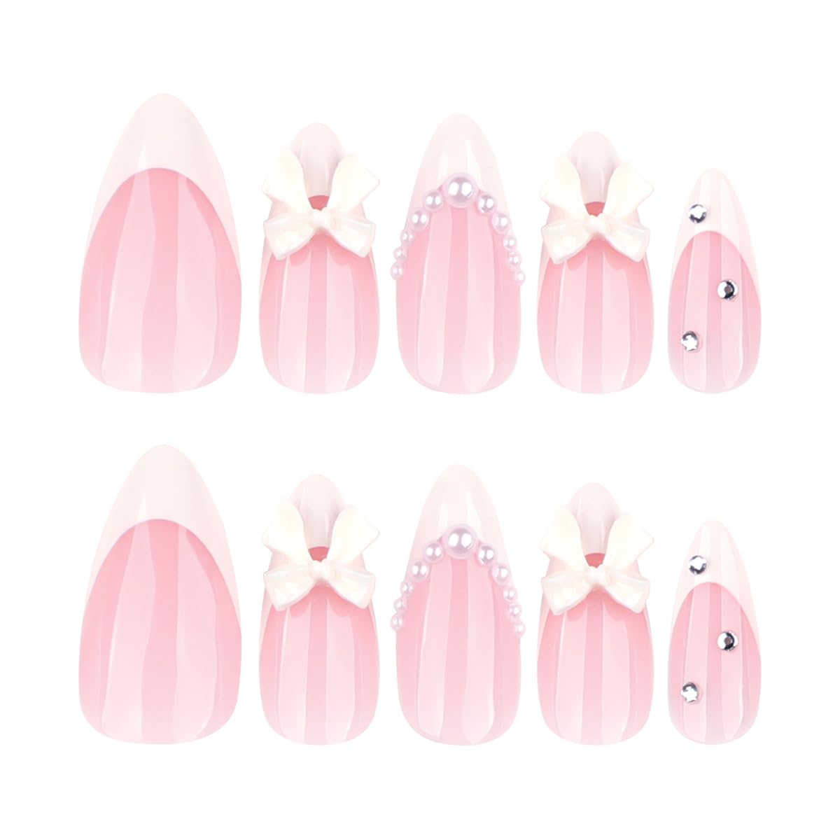French Tip Press-On Nails - Almond Shape Medium 24 Pcs | 3D White Bow & Pearl Designs, Reusable Acrylic for Manicure