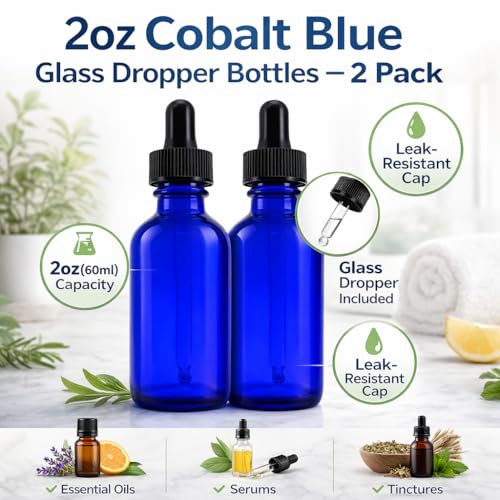 GreenHealth 2oz Cobalt Blue Glass Dropper Bottles Pack of 2 – Travel Size, UV Protection, Refillable for Essential Oils & Serums