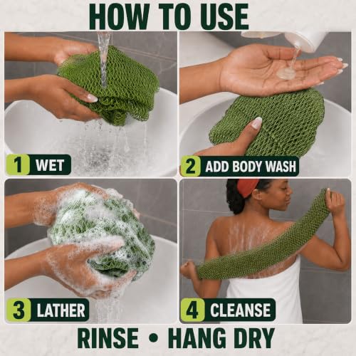 Exfoliating Bath Sponge Set - 5 Pack 45-Inch Nylon Net Scrubbers in Green, Gray, Brown, Black, Purple