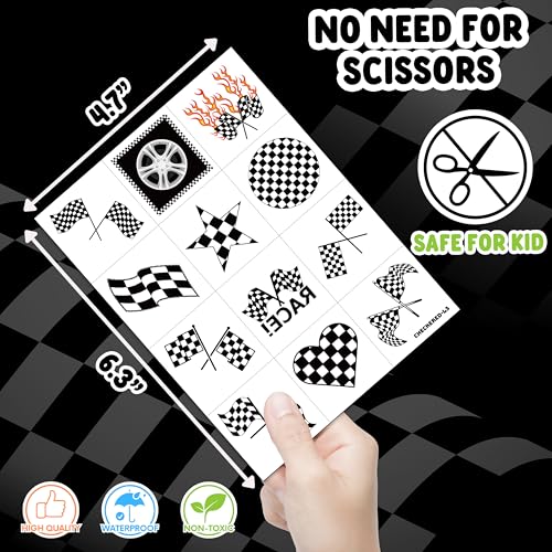 60 Race Car Temporary Tattoos - Checkered Flag Designs for Parties
