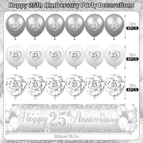 Silver 25th Anniversary Decorations Kit with Banner & Balloons