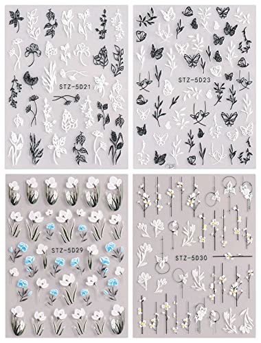Self-Adhesive 3D Floral Nail Art Stickers - 4 Sheets