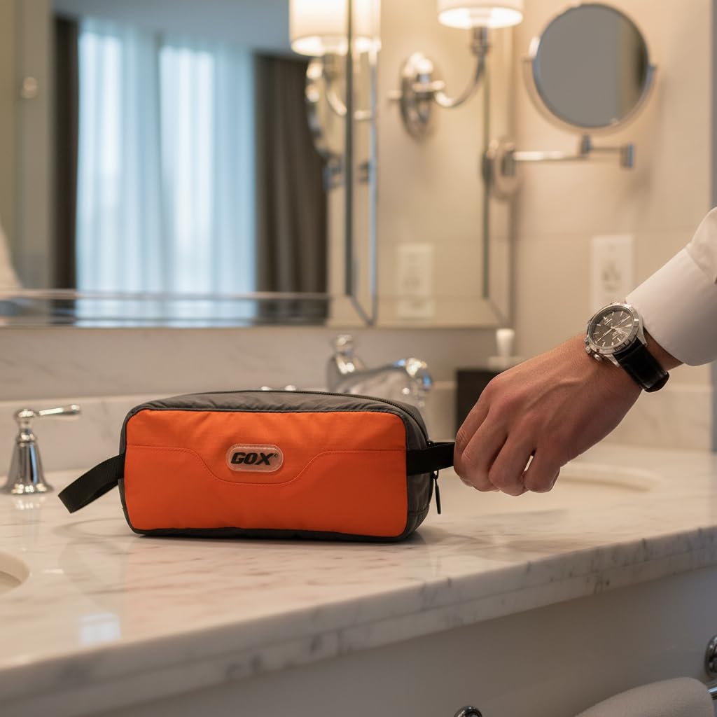 GOX Travel Small Toiletry Bag for Men Nylon Dopp Kit Medicine Bag Travel Organizer Pouch Shave Kits for Teens Toiletry Essentials Bathroom Compact (Orange, 7.9 * 3.7 * 2 Inches)