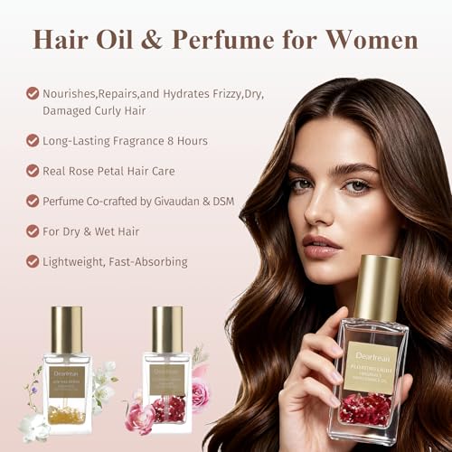 Dear Irean Hair Perfume Oil for Women, Rose Hair Oil with Moroccan Argan & Jojoba, Hydrates & Repairs Frizzy, Dry, Damaged Curly Hair and Split Ends, Long Lasting Fragrance, 1.35 Oz