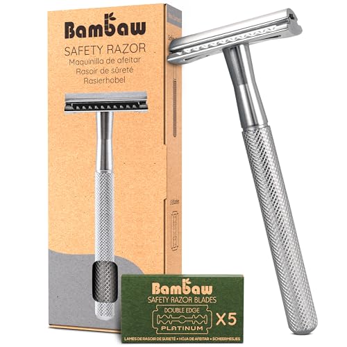 Bambaw Double Edge Safety Razor for Men & Women, Metal Razor with 5 Double Edge Safety Razor Blades, Eco-Friendly Razor ? Silver