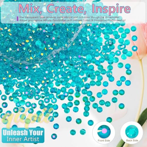 Qiipii Teal Blue & Clear AB Resin Rhinestones for Crafts, Nails & Tumblers 3-5mm