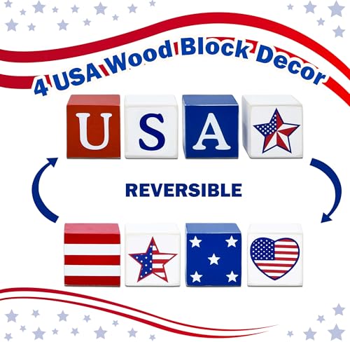 Patriotic USA Wooden Block Set - 4PCS Rustic 4th of July Decor