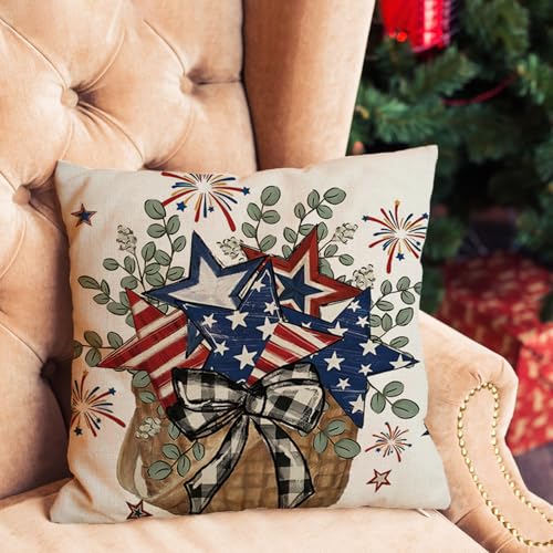 Patriotic Pillow Covers Set of 4 - 18x18 Inch Red, White & Blue