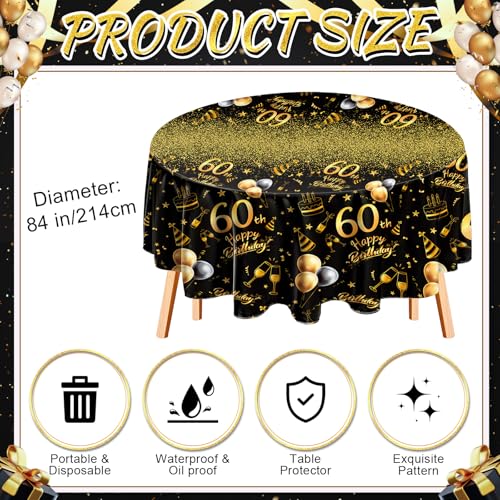 Oudain 3-Pack 60th Birthday Tablecloths - Black & Gold, 84-Inch