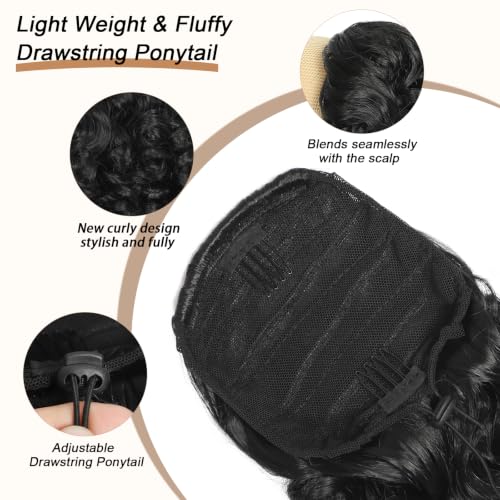 14” Black Wavy Curly Drawstring Ponytail Extension for Women
