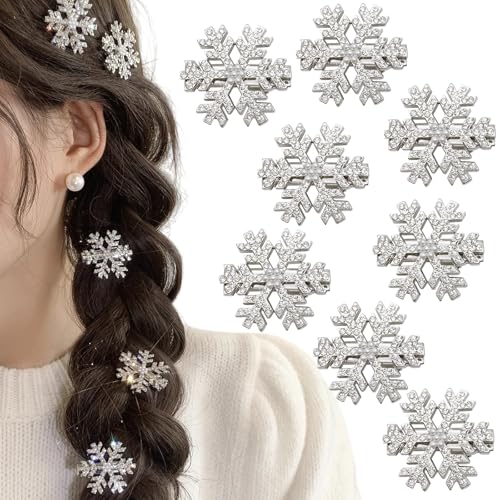 Sparkly Rhinestone Snowflake Hair Clips - 8 Metal Barrettes for Christmas
