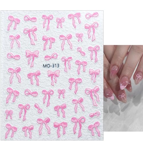 5D Bow Nail Art Stickers - 3 Sheets of Pink & White Self-Adhesive Decals