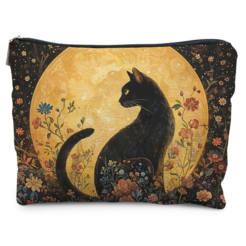 Witchy Cat Makeup Bag for Women - Black Linen Cosmetic Pouch for Travel