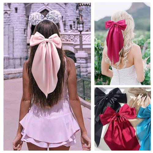 Brown Satin Hair Bows for Women & Girls - Oversized Ribbon Clips 6pcs