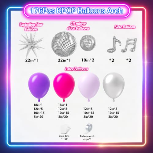 Kpop Balloon Garland Arch Kit - 176pcs Pink & Purple Decor