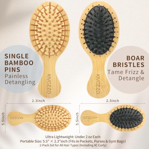 Mini Bamboo Hair Brush Set - 2 Pack Travel Detangling & Boar Bristle Comb for Women Men Kids