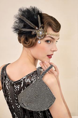 1920s Flapper Feather Headpiece - Black Great Gatsby Hair Accessory