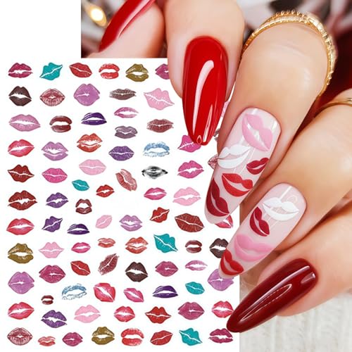 Valentine's Day Lip Nail Stickers - 6 Sheets Self-Adhesive Colorful Lip Decals for Manicure, Pink & Red Lips & Heart Design, Lip Variation
