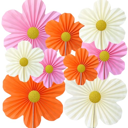 9 Pack Pink & Orange Paper Fans for Party Decor - Wedding, Birthday, Baby Shower