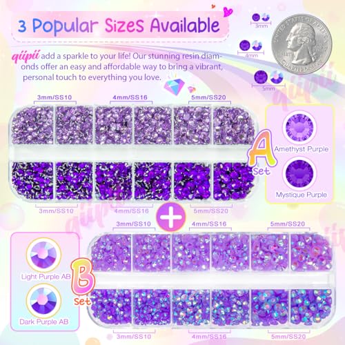 qiipii Light Purple Dark Purple Series Resin Rhinestones for Crafts & Nail Art 3mm-5mm