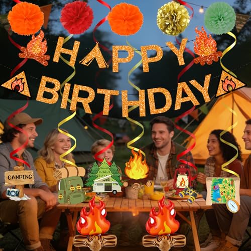 Camping Birthday Party Decorations Set - Rustic Kit with Banner, Swirls, and Centerpieces