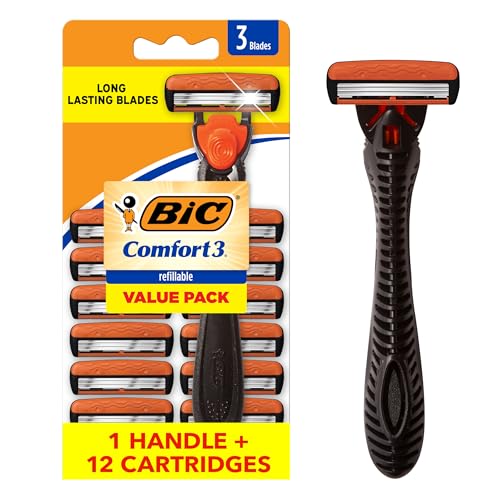 BIC Comfort 3 Men's Refillable 3-Blade Razors with 1 Handle and 12 Cartridges, Smooth Shave Kit for Dorm and Daily Grooming, College Dorm Room Essential, Shower Caddy and Toiletry Bag Ready