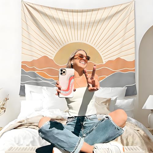 Boho Sun Tapestry Wall Hanging - Retro Vintage Fabric Art (60" x 79")