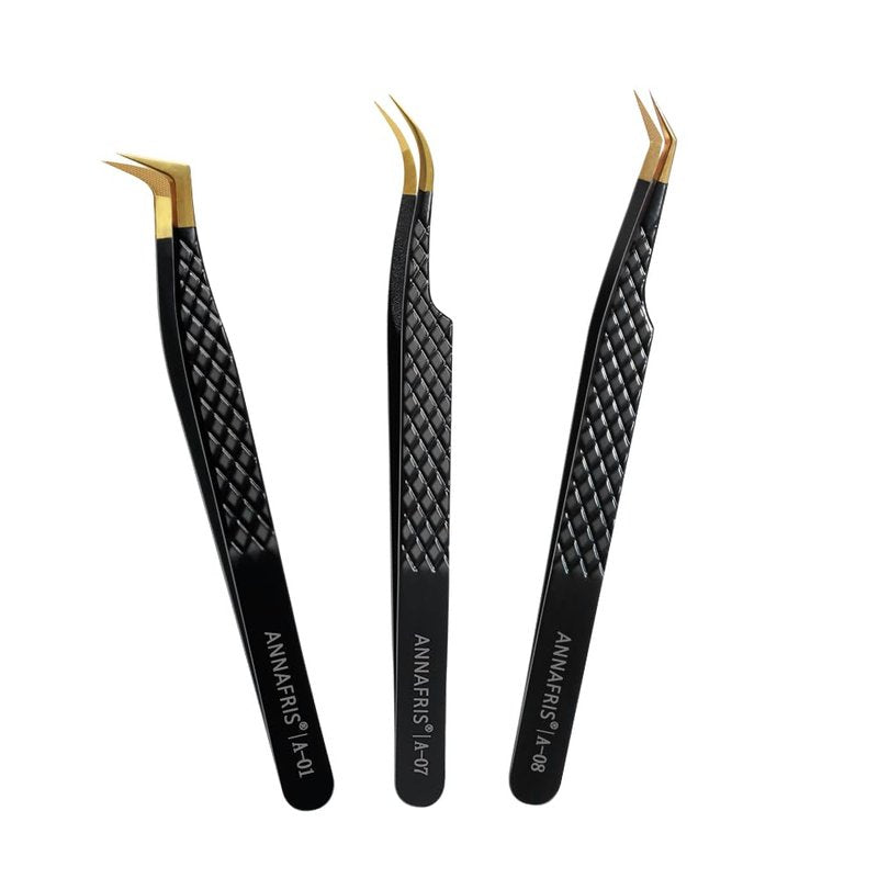 ANNAFRIS Lash Tweezers for Eyelash Extensions,Precision Fiber Tip for Volume Eyelash Extensions,Lash Extension Tweezers for Easy Application and Removal-A01+07+08