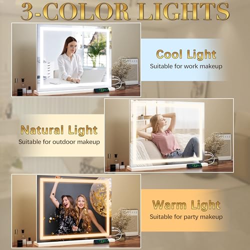 ROLOVE 23x18 Inch Lighted Vanity Mirror, 3-Color Dimmable LED & Touch Control - Large Makeup Mirror for Dressing Room (Wall/Tabletop Mount)