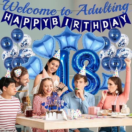 Blue Happy 18th Birthday Decorations Kit - 31 Pcs Balloons & Banner